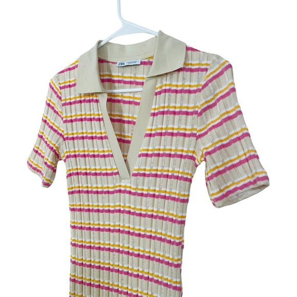 Zara Womens Size M Maxi Polo Dress Stretch‎ Striped Beige Pink Short Sleeve - Picture 5 of 8